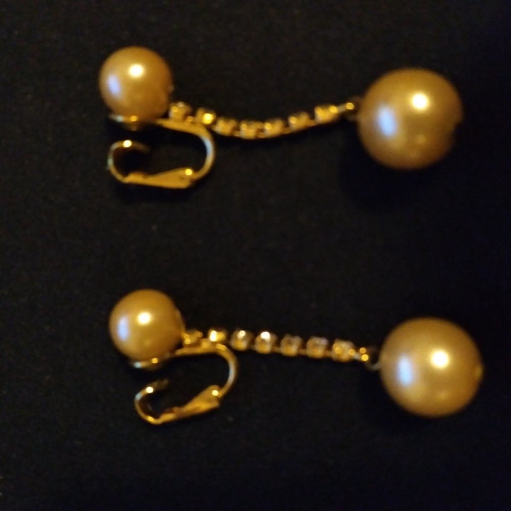 Vintage clip-on dangling faux pearl and rhinestone earrings